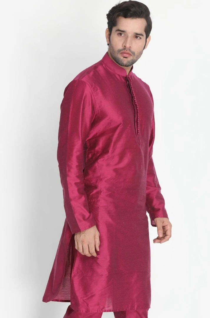 VASTRAMAY Men's Fuchsia Cotton Silk Blend Kurta 4 VASTRAMAY Men's Fuchsia Cotton Silk Blend Kurta