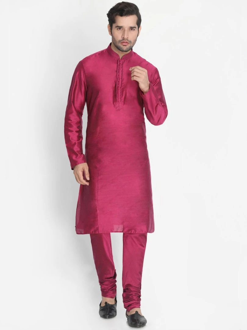 VASTRAMAY Men's Fuchsia Cotton Silk Blend Kurta 7 VASTRAMAY Men's Fuchsia Cotton Silk Blend Kurta