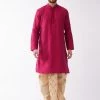 VASTRAMAY Men's Fuchsia Pink And Gold Cotton Silk Blend Kurta And Dhoti Set
