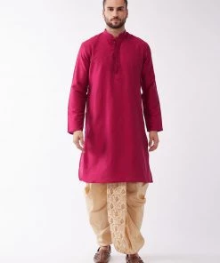 VASTRAMAY Men's Fuchsia Pink And Gold Cotton Silk Blend Kurta And Dhoti Set