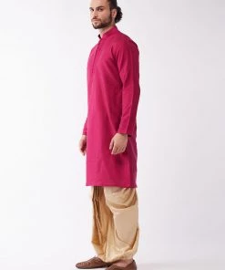 VASTRAMAY Men's Fuchsia Pink And Gold Cotton Silk Blend Kurta And Dhoti Set