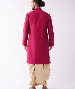 VASTRAMAY Men's Fuchsia Pink And Gold Cotton Silk Blend Kurta And Dhoti Set