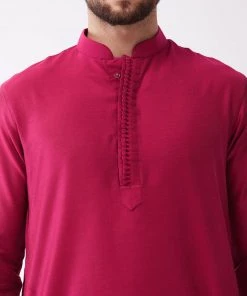 VASTRAMAY Men's Fuchsia Pink And Gold Cotton Silk Blend Kurta And Dhoti Set