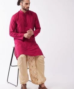 VASTRAMAY Men's Fuchsia Pink And Gold Cotton Silk Blend Kurta And Dhoti Set