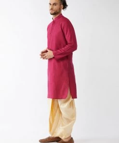 VASTRAMAY Men's Fuchsia Pink And Gold Cotton Silk Blend Kurta And Dhoti Set