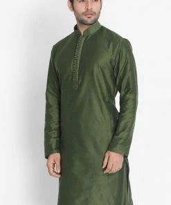 VASTRAMAY Men's Green Cotton Silk Blend Kurta