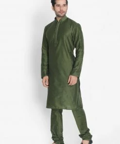 VASTRAMAY Men's Green Cotton Silk Blend Kurta And Pyjama Set
