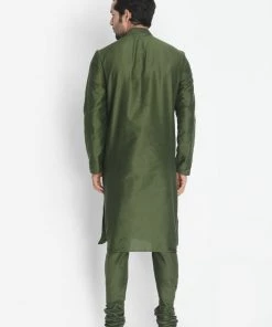 VASTRAMAY Men's Green Cotton Silk Blend Kurta And Pyjama Set