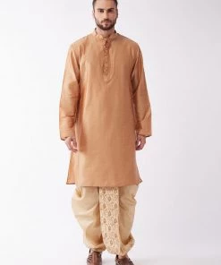 VASTRAMAY Men Rose Gold Kurta With Embroidered Dhoti