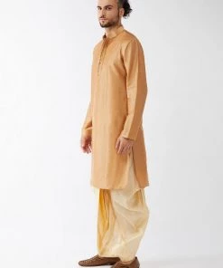 VASTRAMAY Men's Rose Gold And Gold Cotton Silk Blend Kurta And Dhoti Set