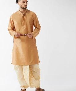 VASTRAMAY Men's Rose Gold And Gold Cotton Silk Blend Kurta And Dhoti Set