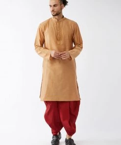 VASTRAMAY Men's Rose Gold And Maroon Silk Blend Kurta With Dhoti Set