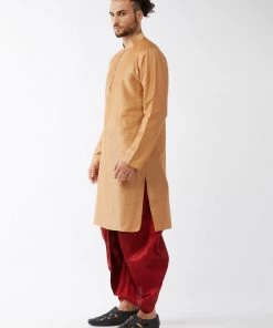 VASTRAMAY Men's Rose Gold And Maroon Silk Blend Kurta With Dhoti Set