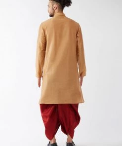 VASTRAMAY Men's Rose Gold And Maroon Silk Blend Kurta With Dhoti Set