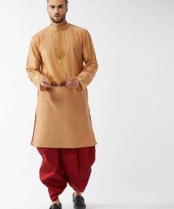 VASTRAMAY Men's Rose Gold And Maroon Silk Blend Kurta With Dhoti Set