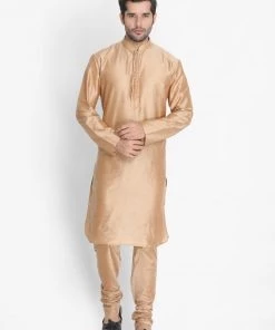 VASTRAMAY Men's Gold Cotton Silk Blend Kurta And Churidar Set