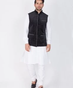 Vastramay Cotton White And Black Baap Beta Jacket Kurta Pyjama Set