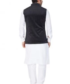 VASTRAMAY Men's White Cotton Kurta, Black Ethnic Jacket And Pyjama Set