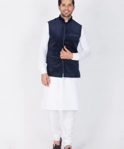 Vastramay Cotton White And Blue Baap Beta Jacket Kurta Pyjama Set