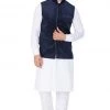Kurta Sets VASTRAMAY Men's White Cotton Kurta, Blue Ethnic Jacket And Pyjama Set
