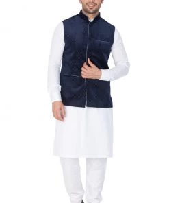 Kurta Sets VASTRAMAY Men's White Cotton Kurta, Blue Ethnic Jacket And Pyjama Set