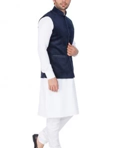 Kurta Sets VASTRAMAY Men's White Cotton Kurta, Blue Ethnic Jacket And Pyjama Set