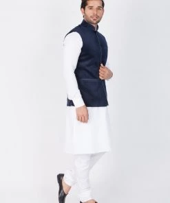 Vastramay Cotton White And Blue Baap Beta Jacket Kurta Pyjama Set