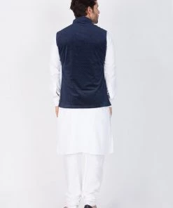 Vastramay Cotton White And Blue Baap Beta Jacket Kurta Pyjama Set