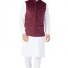 VASTRAMAY Men's White Cotton Kurta, Maroon Ethnic Jacket And Pyjama Set