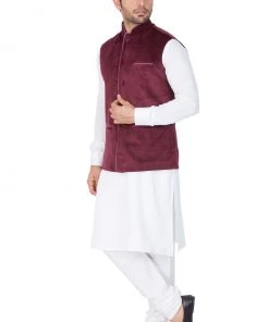 VASTRAMAY Men's White Cotton Kurta, Maroon Ethnic Jacket And Pyjama Set