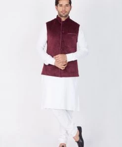 Vastramay Cotton White And Maroon Baap Beta Jacket Kurta Pyjama Set