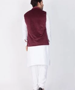 Vastramay Cotton White And Maroon Baap Beta Jacket Kurta Pyjama Set
