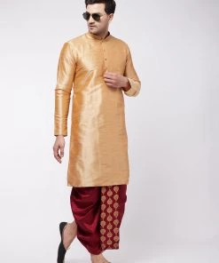 VASTRAMAY Men's Rose Gold And Maroon Silk Blend Kurta And Dhoti Set