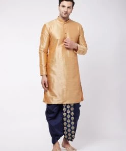 VASTRAMAY Men's Rose Gold And Navy Blue Silk Blend Kurta And Dhoti Set