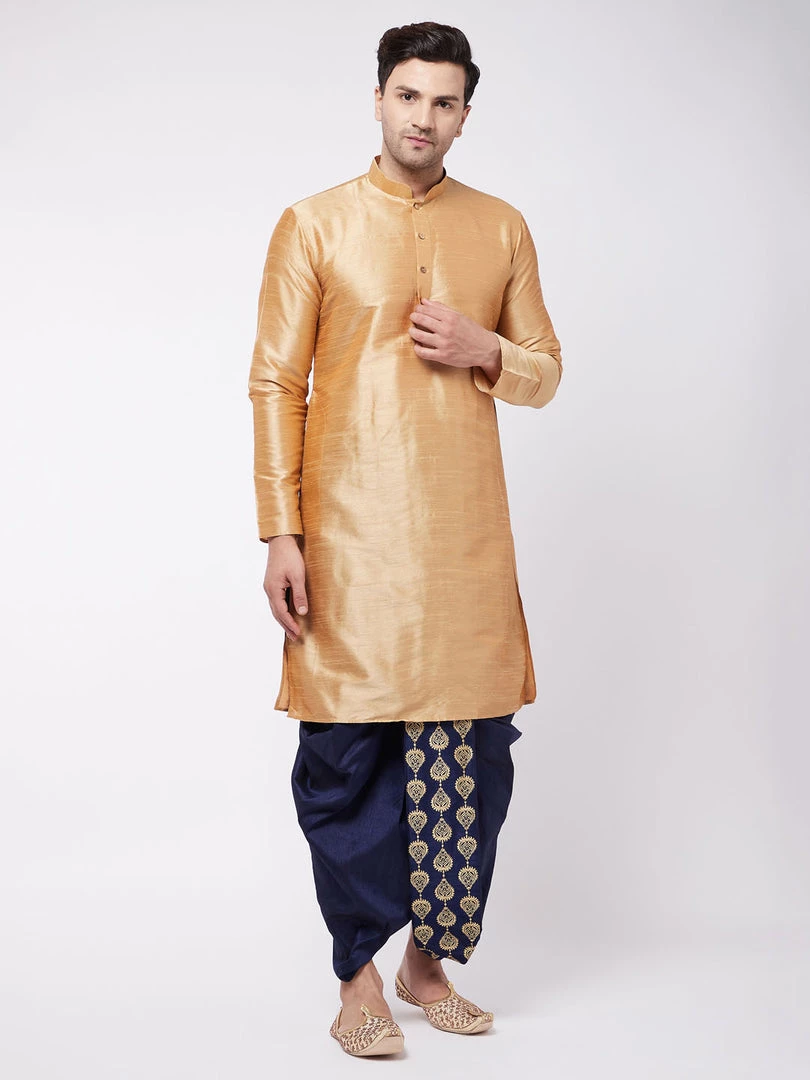 VASTRAMAY Men's Rose Gold And Navy Blue Silk Blend Kurta And Dhoti Set 3 VASTRAMAY Men's Rose Gold And Navy Blue Silk Blend Kurta And Dhoti Set