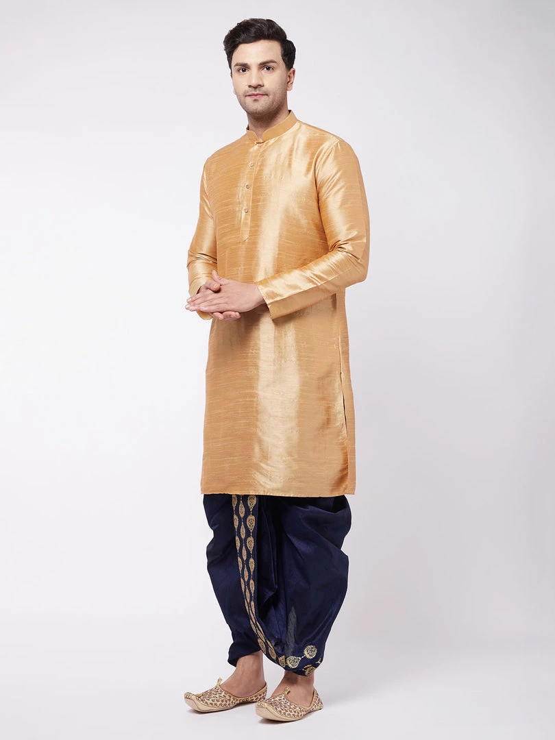 VASTRAMAY Men's Rose Gold And Navy Blue Silk Blend Kurta And Dhoti Set 4 VASTRAMAY Men's Rose Gold And Navy Blue Silk Blend Kurta And Dhoti Set