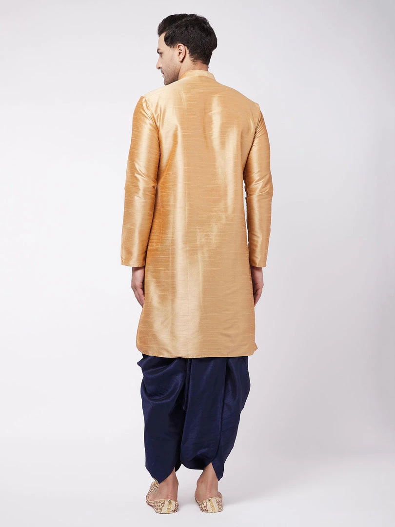 VASTRAMAY Men's Rose Gold And Navy Blue Silk Blend Kurta And Dhoti Set 5 VASTRAMAY Men's Rose Gold And Navy Blue Silk Blend Kurta And Dhoti Set
