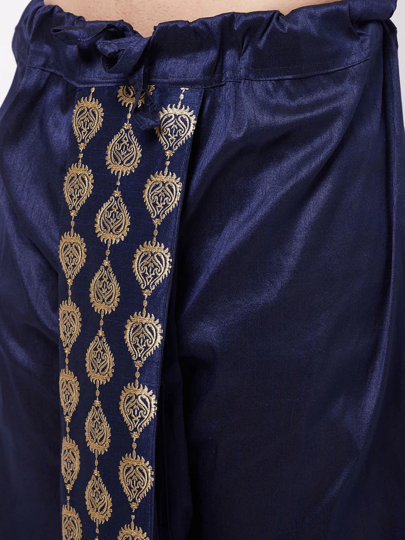 VASTRAMAY Men's Rose Gold And Navy Blue Silk Blend Kurta And Dhoti Set 7 VASTRAMAY Men's Rose Gold And Navy Blue Silk Blend Kurta And Dhoti Set