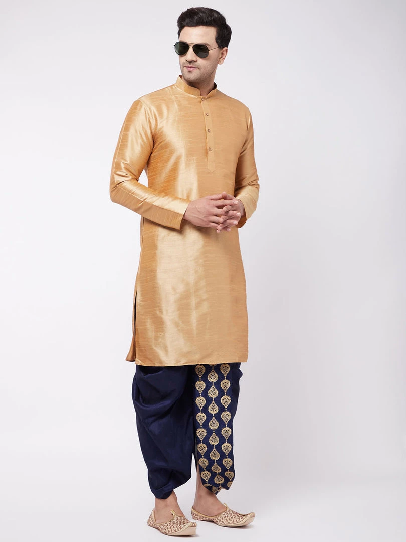VASTRAMAY Men's Rose Gold And Navy Blue Silk Blend Kurta And Dhoti Set 8 VASTRAMAY Men's Rose Gold And Navy Blue Silk Blend Kurta And Dhoti Set