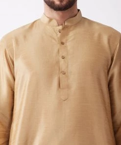 VASTRAMAY Men's Rose Gold And Gold Silk Blend Kurta And Dhoti Set