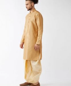 VASTRAMAY Men's Rose Gold And Gold Silk Blend Kurta And Dhoti Set