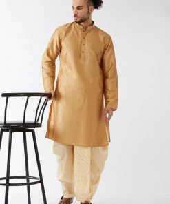 VASTRAMAY Men's Rose Gold And Gold Silk Blend Kurta And Dhoti Set