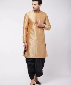 VASTRAMAY Men's Rose Gold And Black Silk Blend Kurta And Dhoti Set