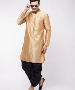 VASTRAMAY Men's Rose Gold And Black Silk Blend Kurta And Dhoti Set