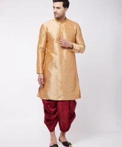 VASTRAMAY Men's Rose Gold And Maroon Silk Blend Kurta And Dhoti Set