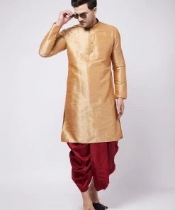 VASTRAMAY Men's Rose Gold And Maroon Silk Blend Kurta And Dhoti Set