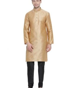 Vastramay Men's Gold Cotton Silk Blend Kurta And Pyjama Set