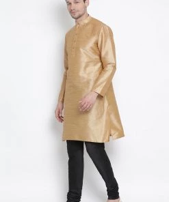Vastramay Men's Gold Cotton Silk Blend Kurta And Pyjama Set