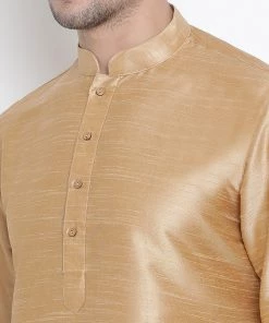 Vastramay Men's Gold Cotton Silk Blend Kurta And Pyjama Set