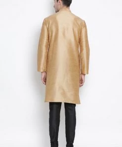 Vastramay Men's Gold Cotton Silk Blend Kurta And Pyjama Set